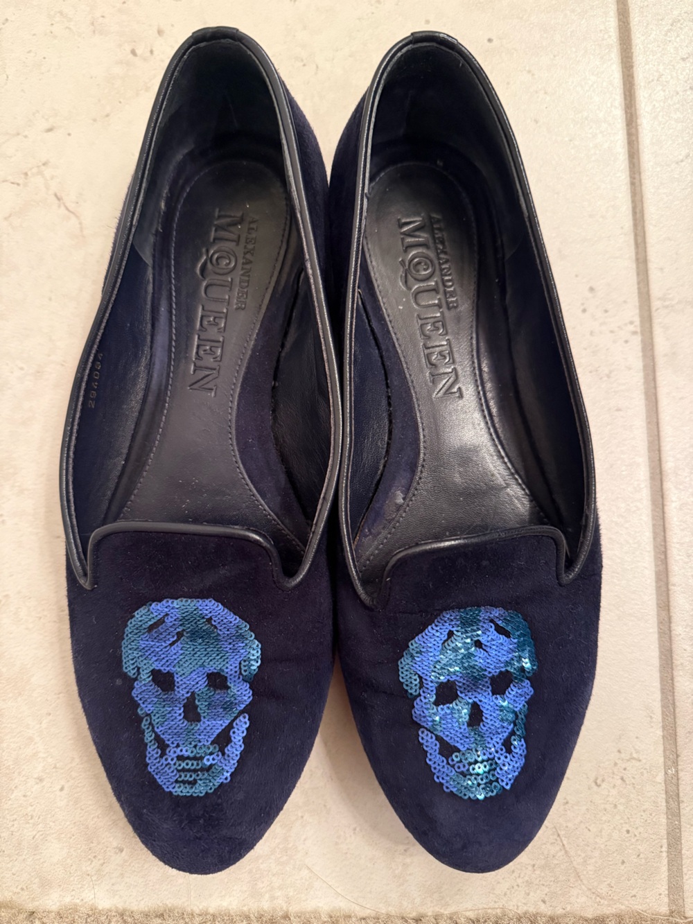 Alexander McQueen Navy Suede Loafers with Blue Sequin Skull Motif